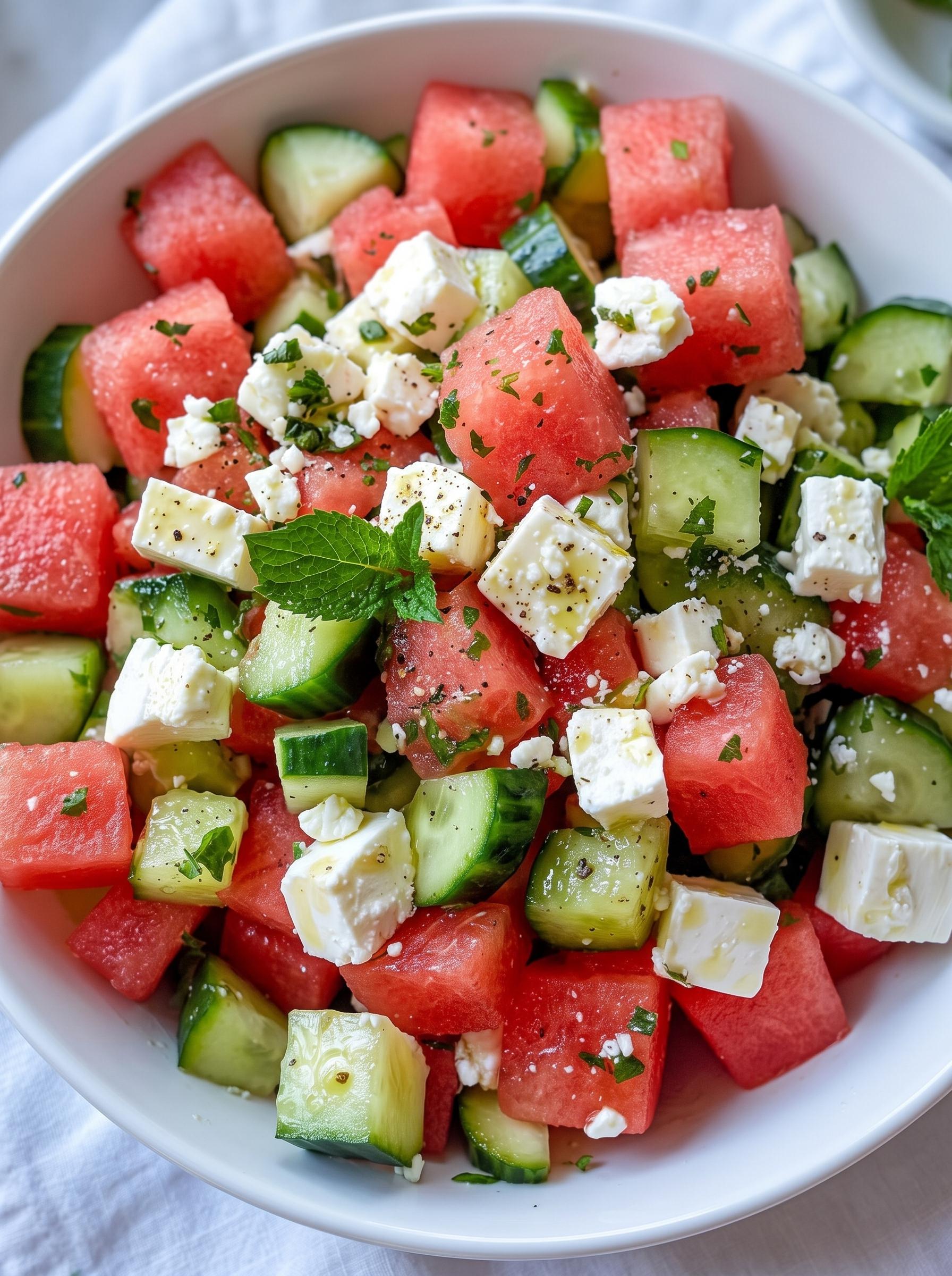 A bowl of watermelon salad with feta cheese.