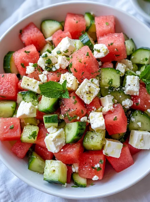 A bowl of watermelon salad with feta cheese.