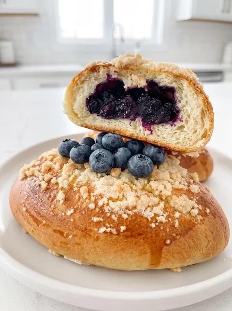 A plate with a pastry and blueberries on top.