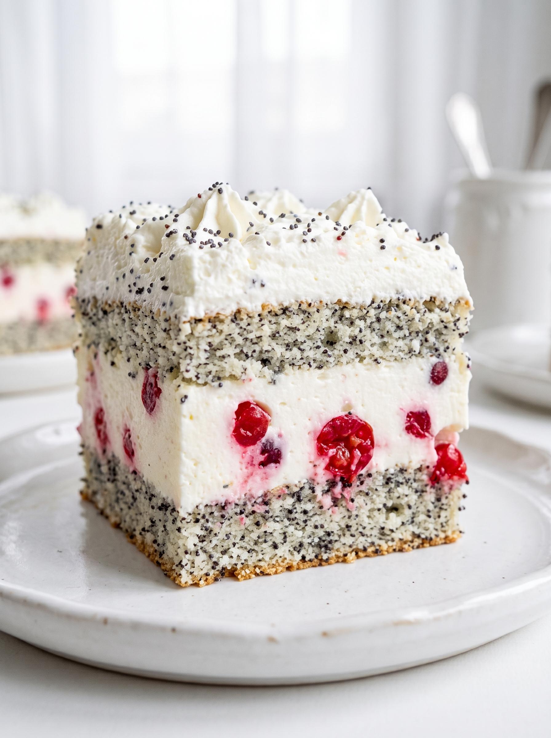 A slice of cake with white frosting and red berries.