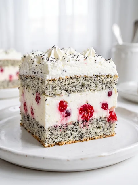 A slice of cake with white frosting and red berries.