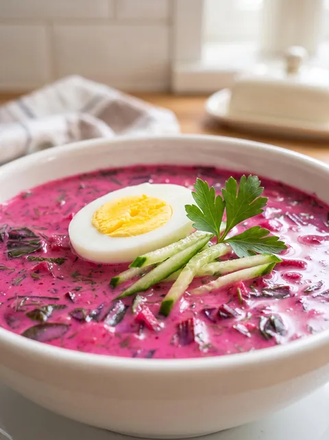 A bowl of chłodnik litewski with a boiled egg on top.