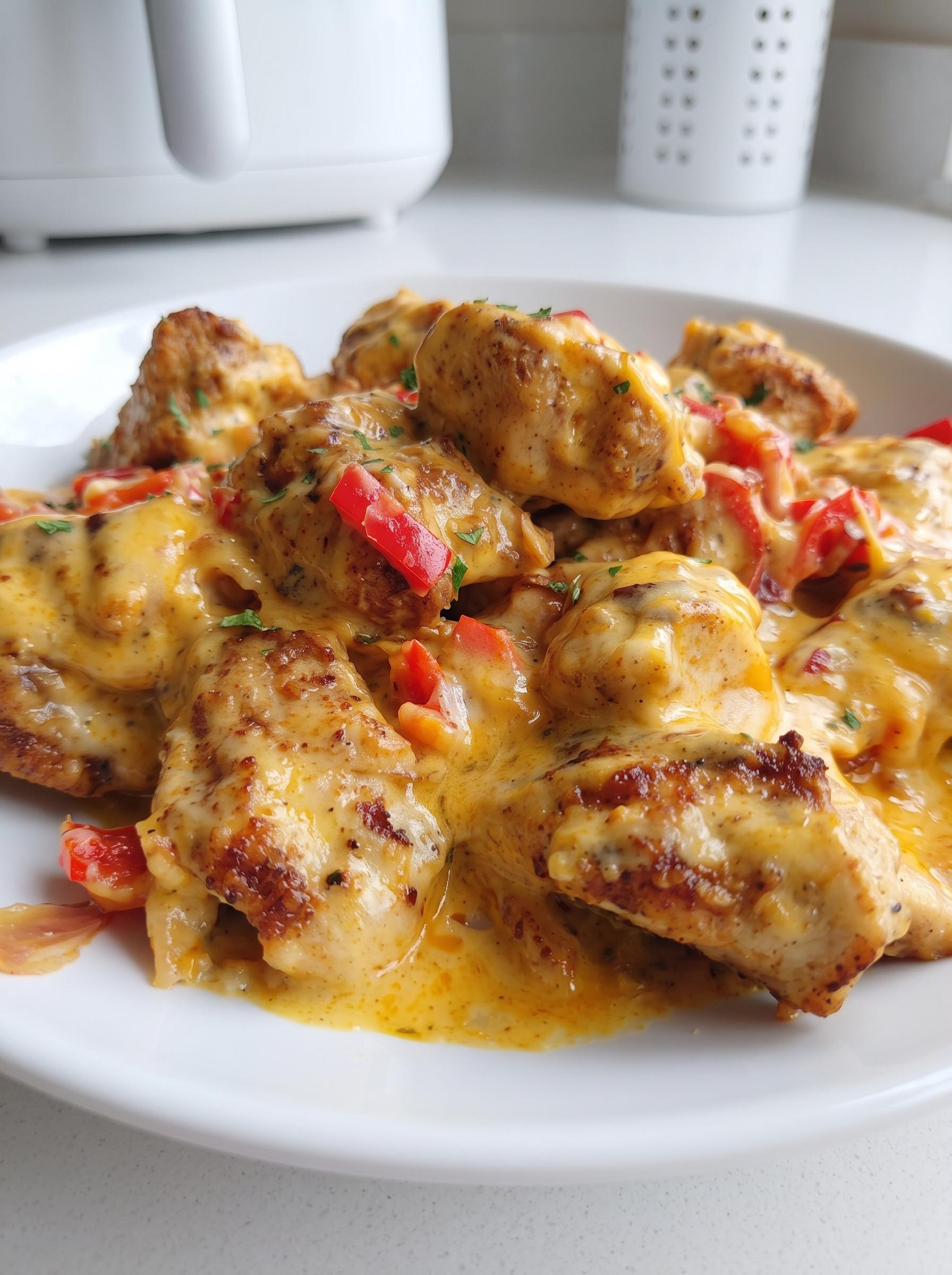 A plate of chicken covered in cheese sauce.
