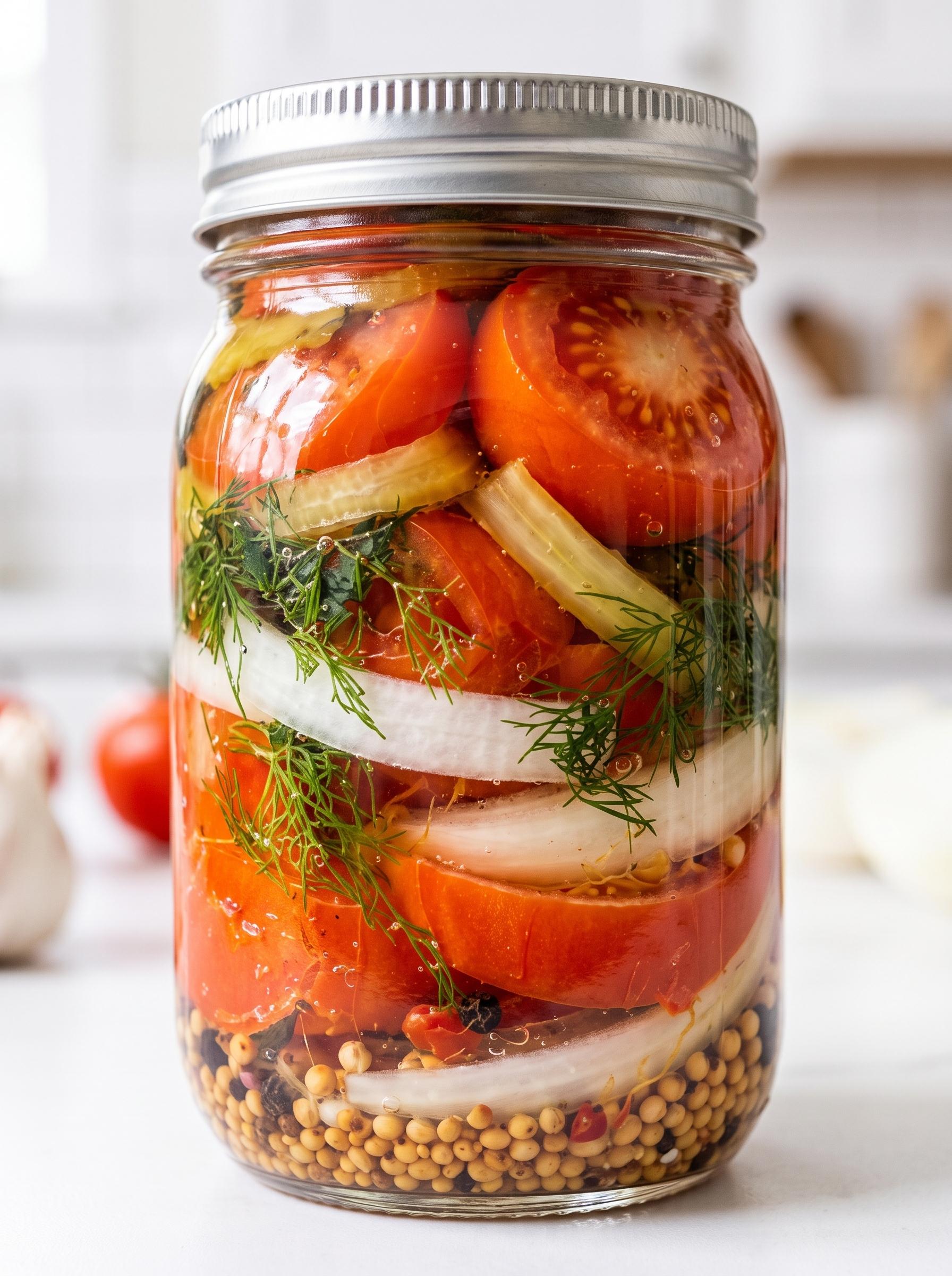 A jar of tomatoes and onions.