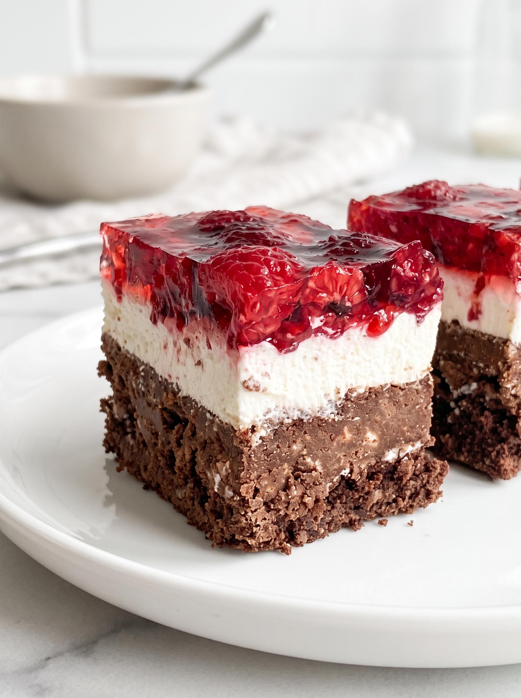 A slice of chocolate cake with white frosting and red raspberries.