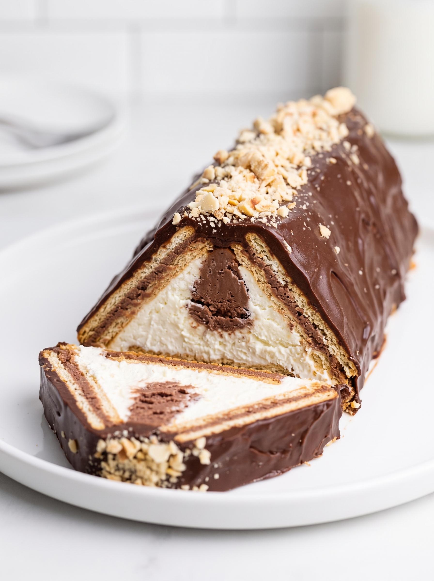 A chocolate cake with white frosting and nuts on top.