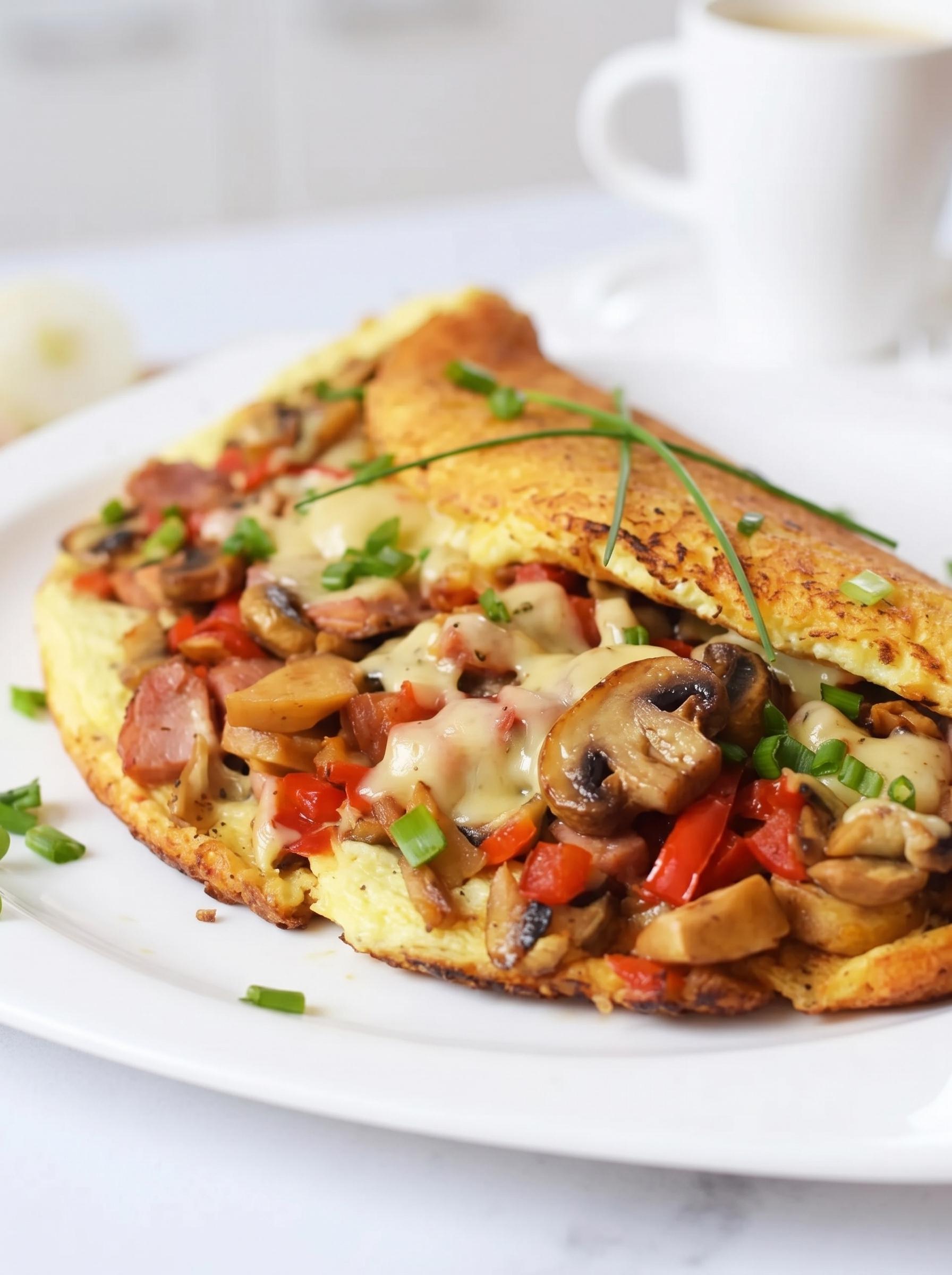 A plate of food with mushrooms and red peppers.