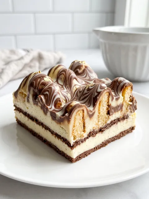 A slice of cake with white frosting and chocolate drizzle.