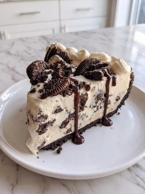 A slice of cake with chocolate and oreo cookies.