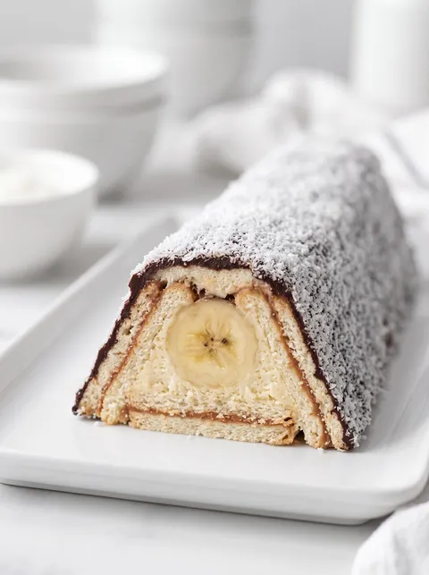 A pastry with a banana in the middle.
