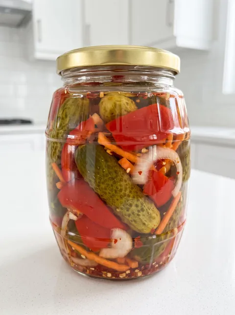 A jar of pickled vegetables.