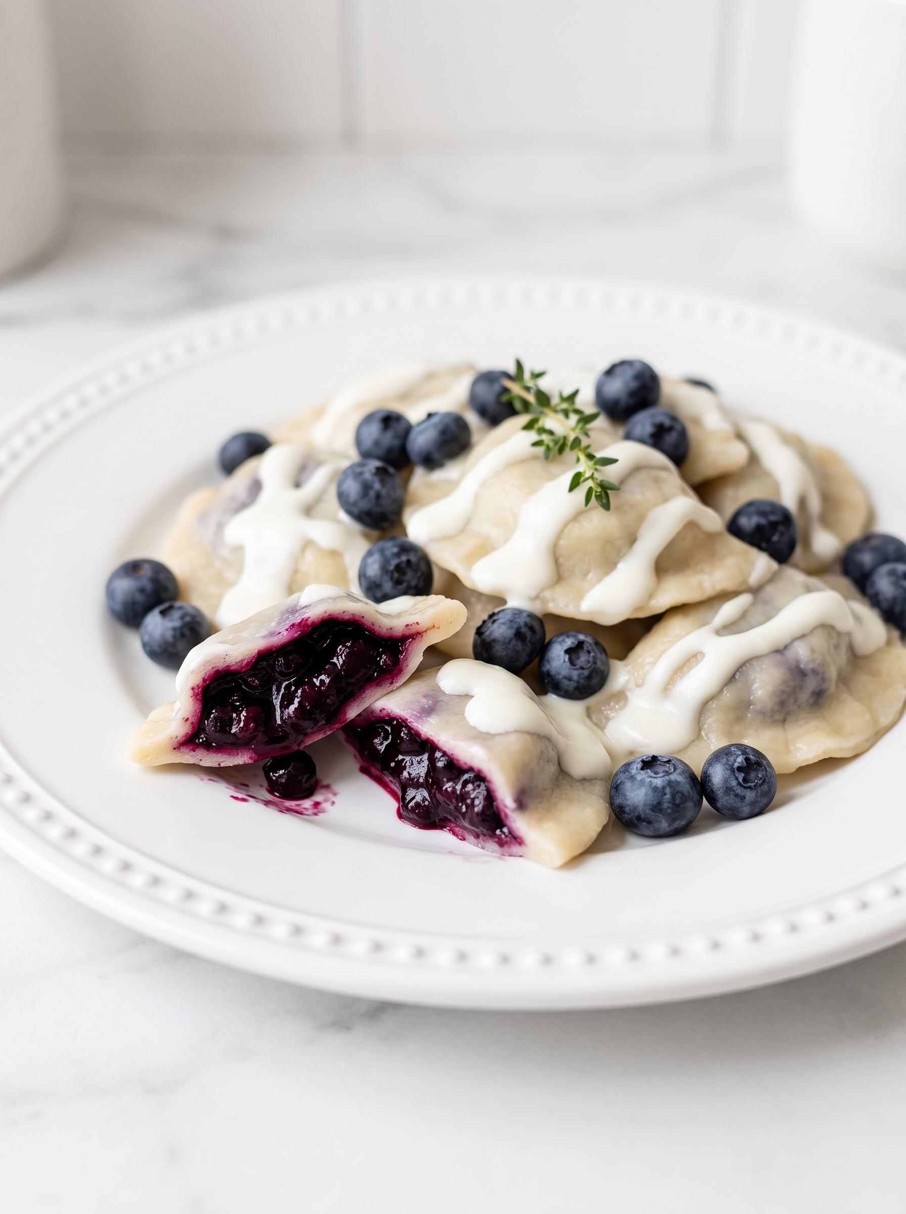 Pierogi with blueberries and whipped cream.