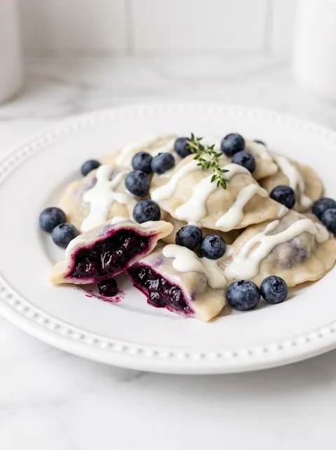 Pierogi with blueberries and whipped cream.