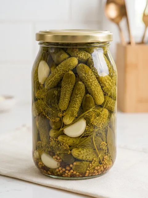 A jar of pickles with garlic in it.