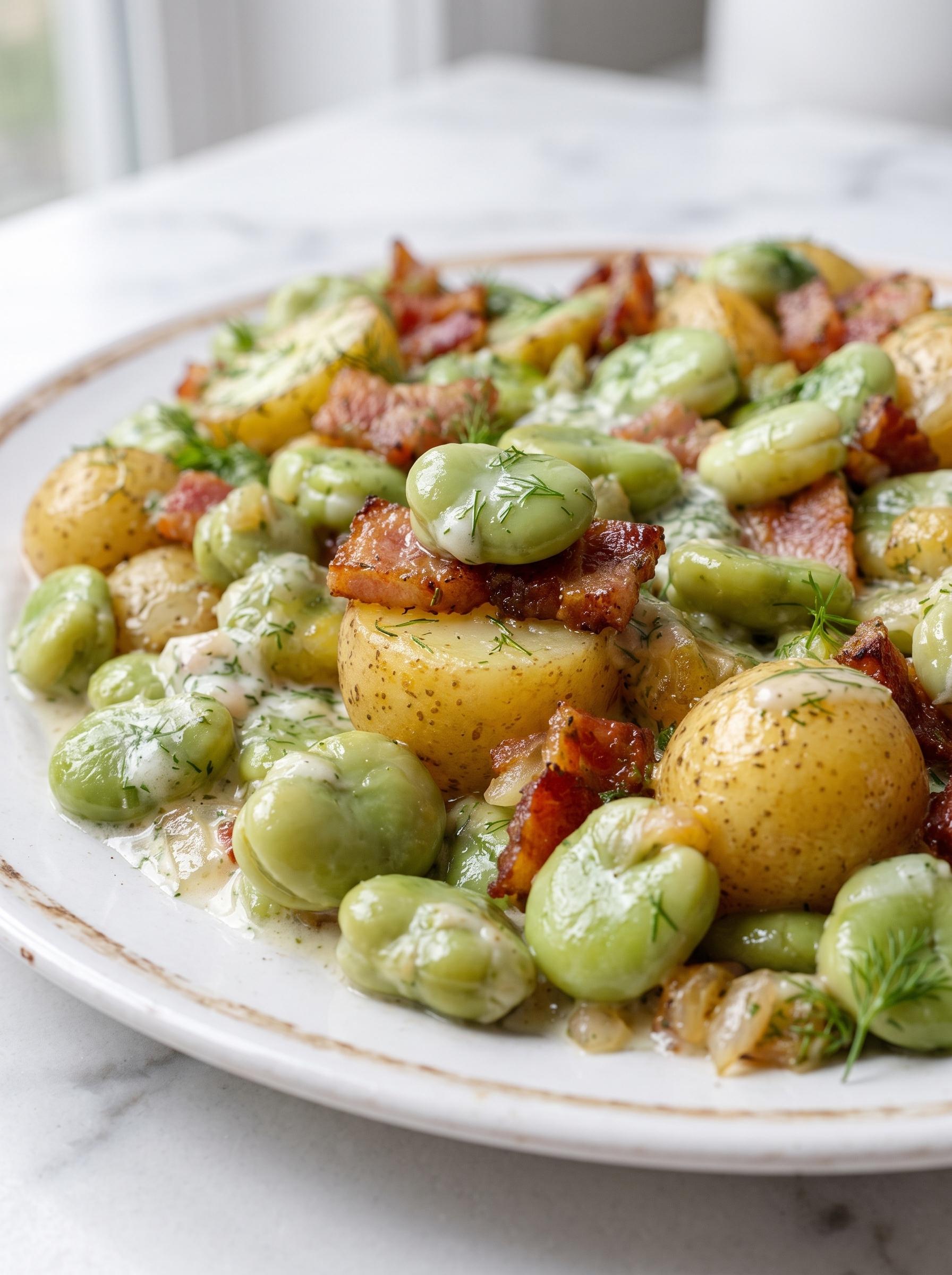 A plate of food with potatoes, beans, and bacon.