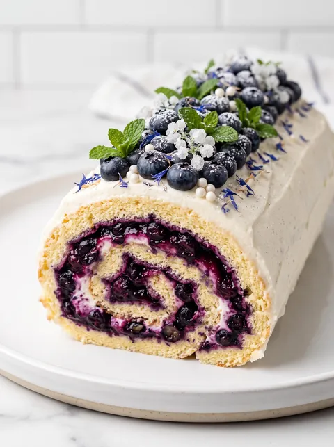A cake with blueberries and cream.