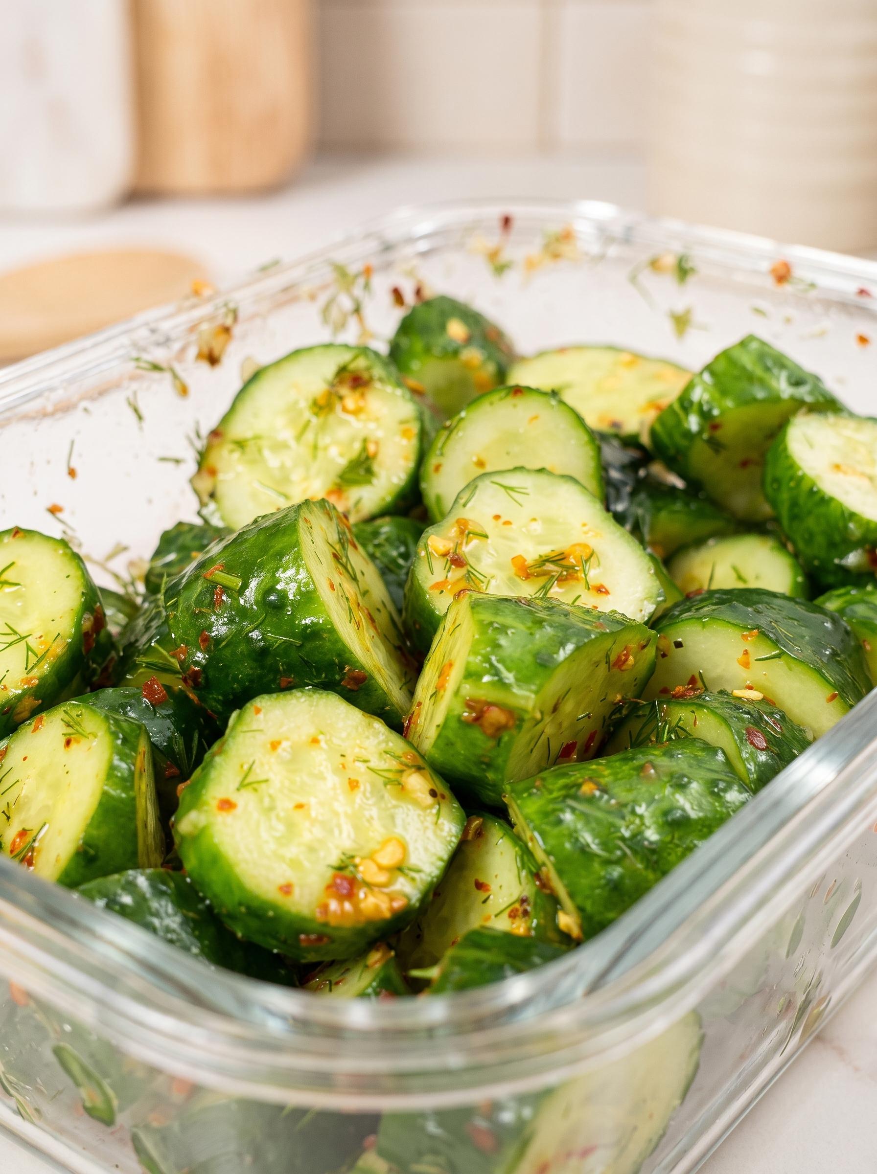A glass bowl filled with sliced cucumbers and chili.