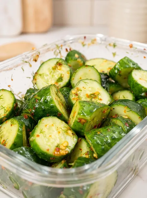 A glass bowl filled with sliced cucumbers and chili.