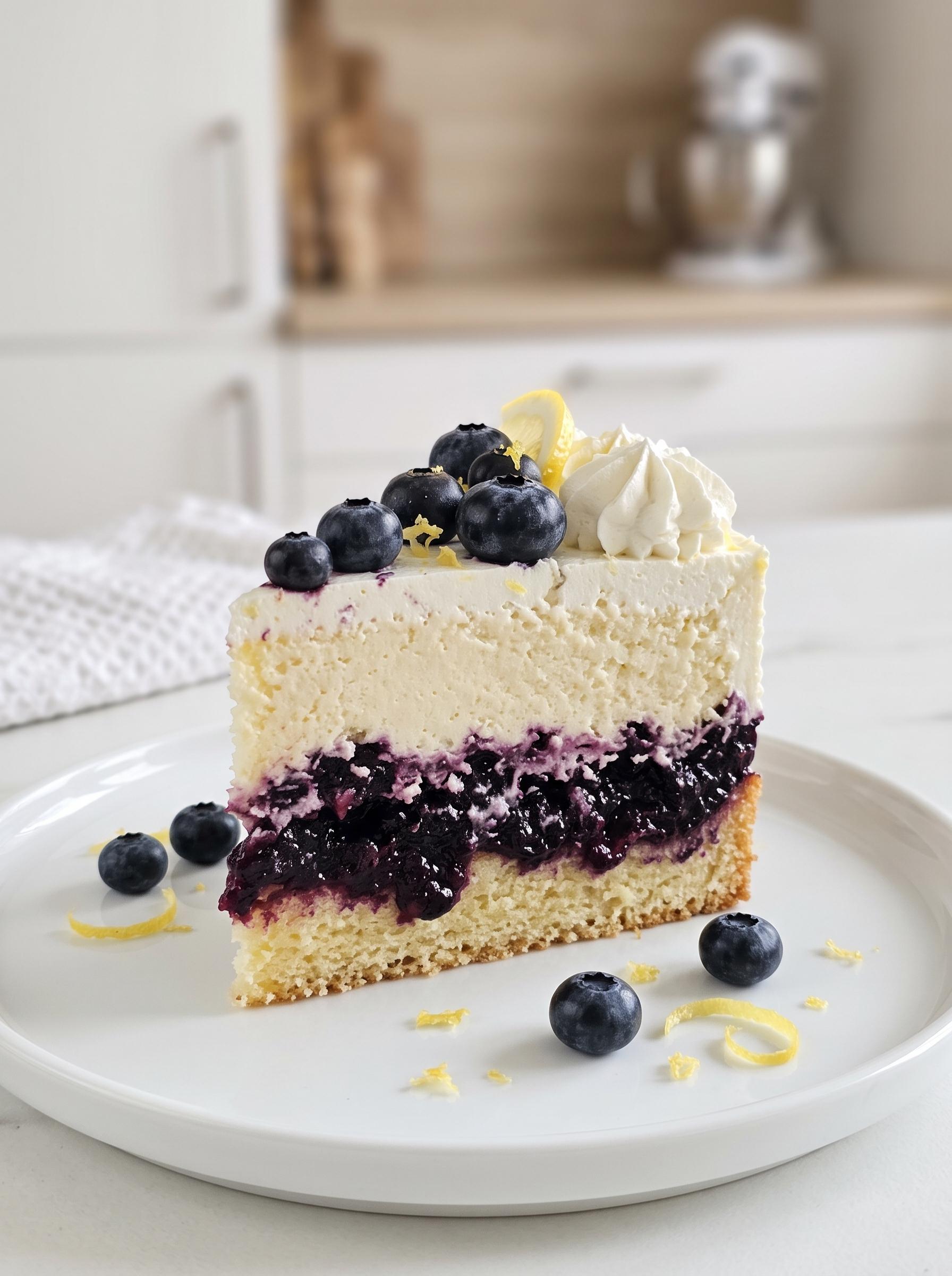 A slice of blueberry cheesecake on a plate.