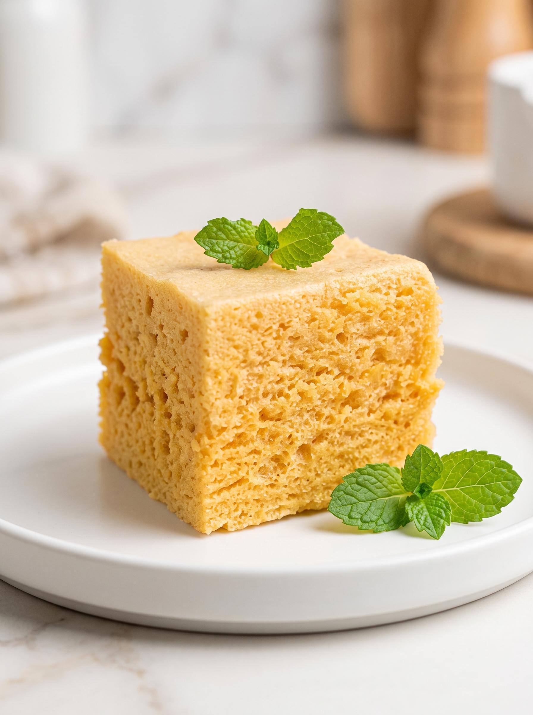A slice of cake with mint leaves on top.
