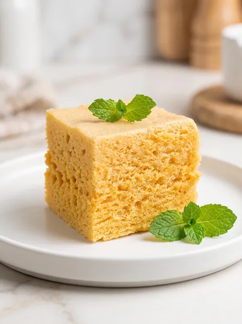 A slice of cake with mint leaves on top.