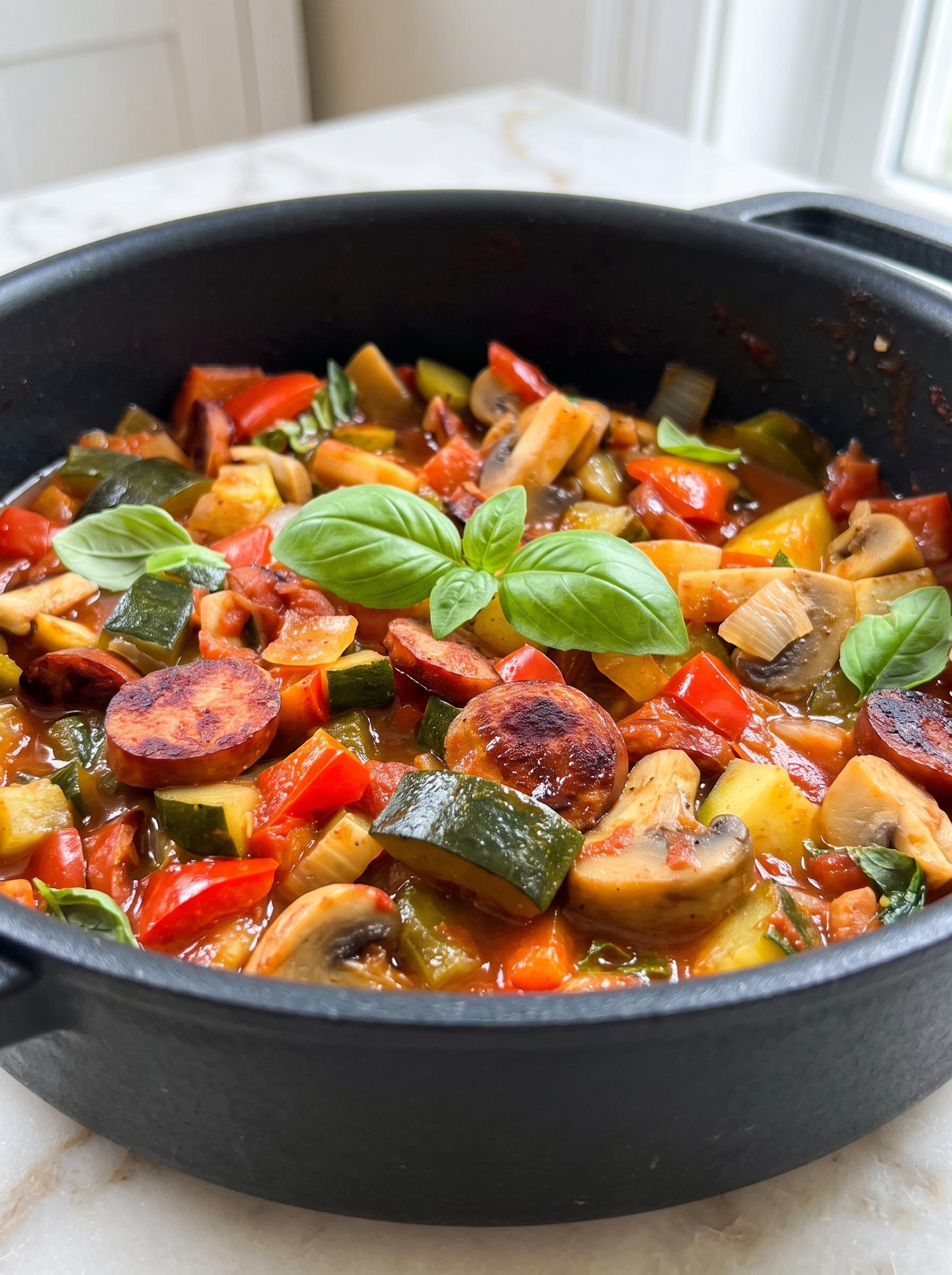 A bowl of food with mushrooms, peppers, and sausage.