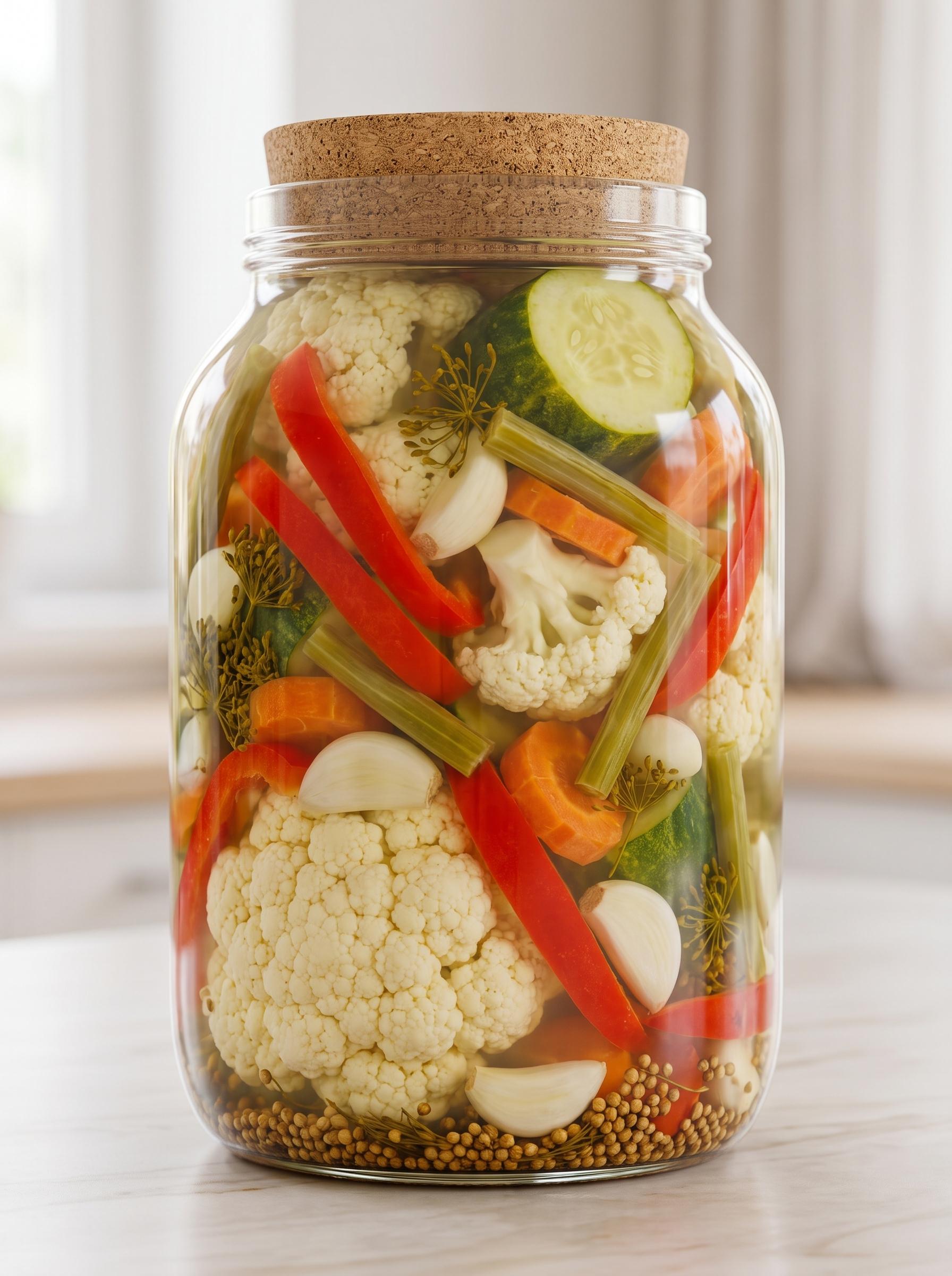 A jar of vegetables including cauliflower, peppers, and cucumbers.