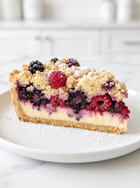 A slice of berry cake on a plate.