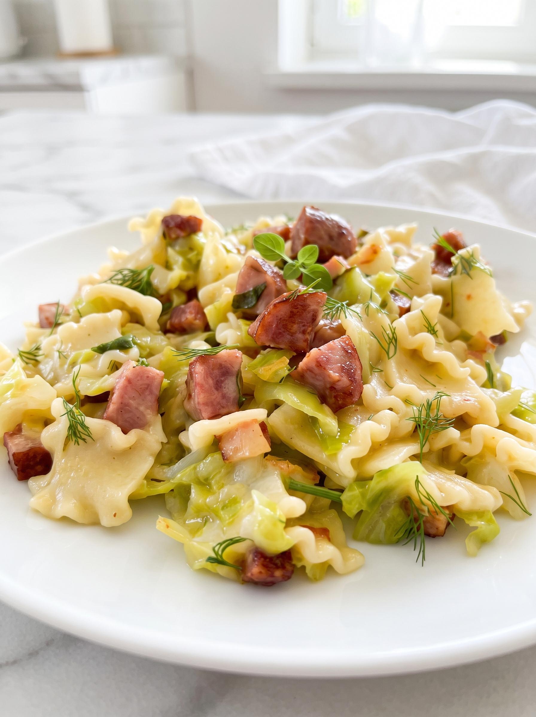 A plate of pasta with meat and vegetables.