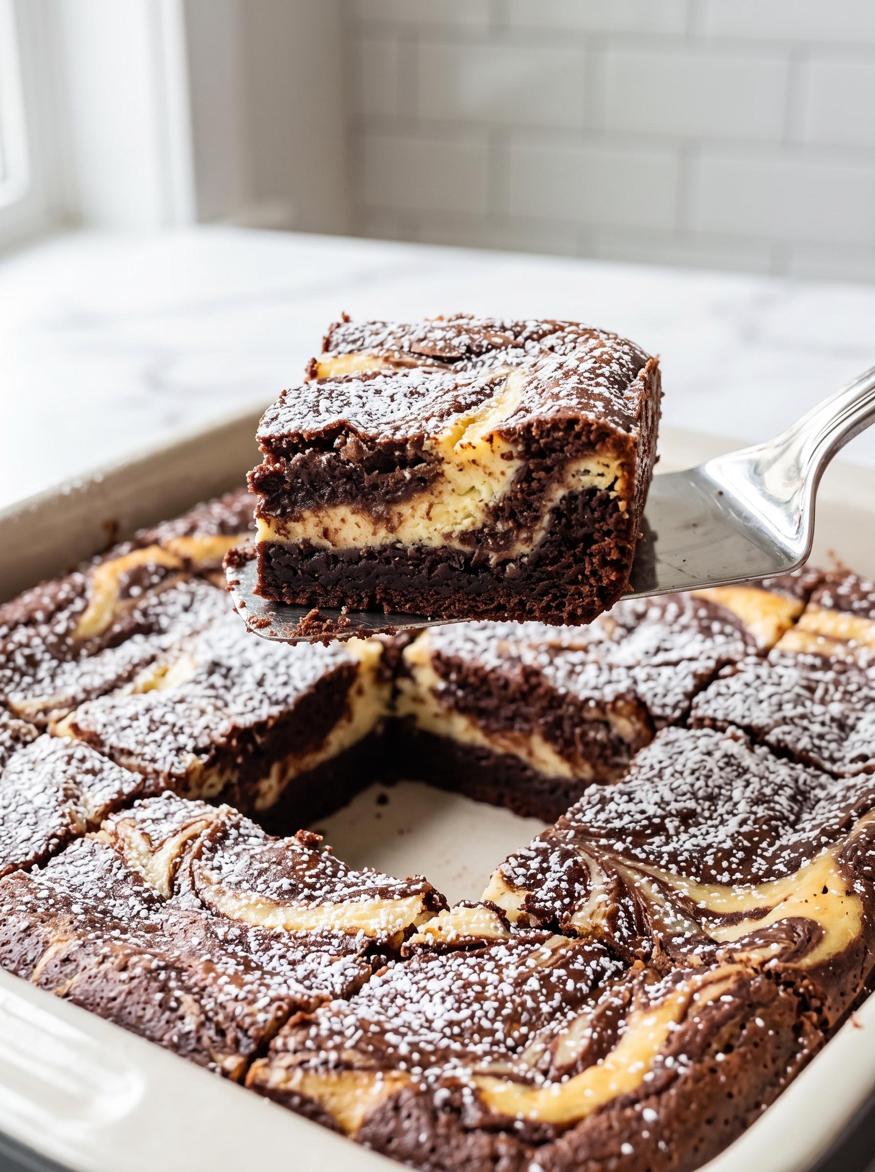 A slice of chocolate cake with powdered sugar on top.