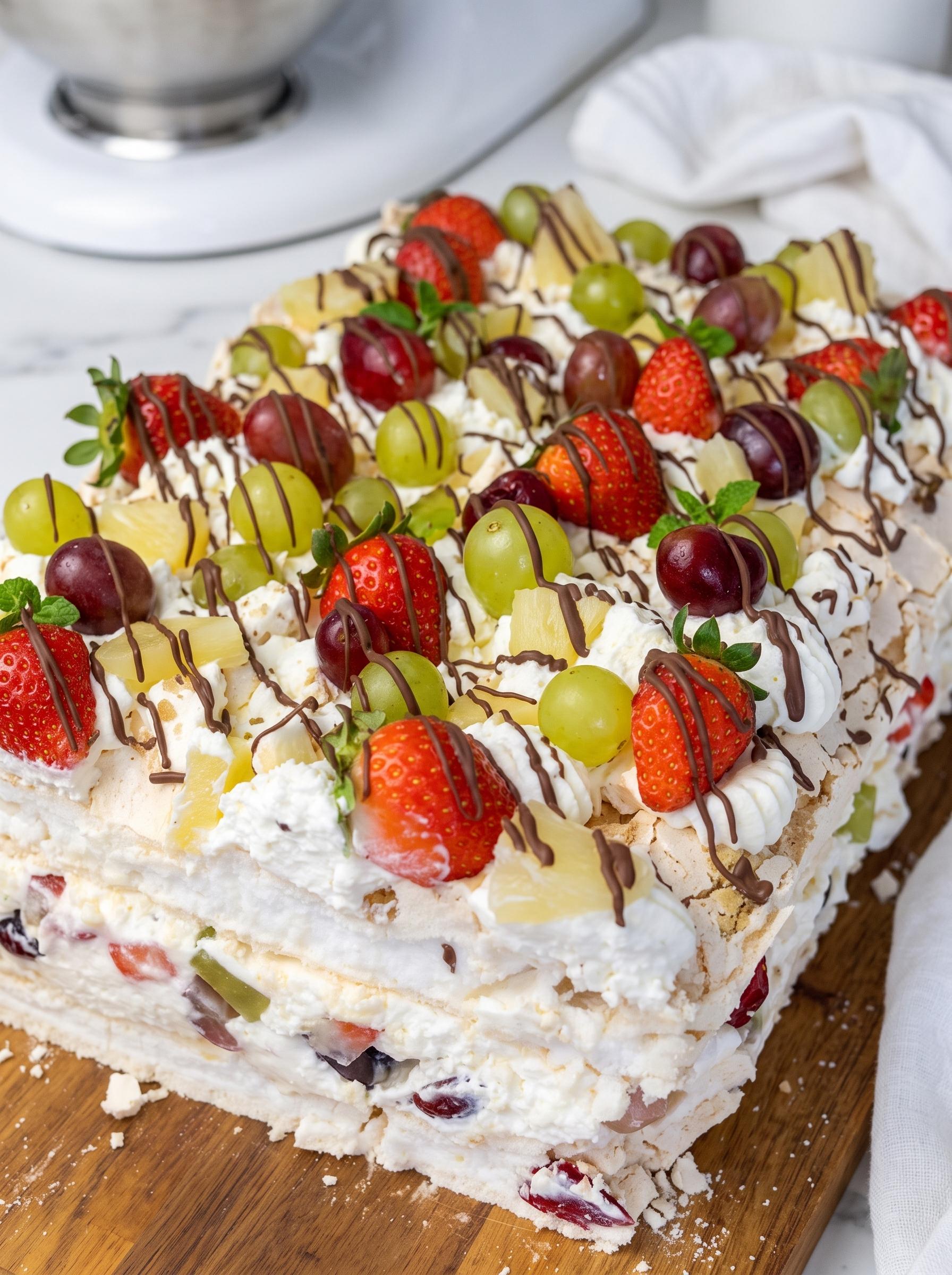 A slice of cake with fruit and cream.