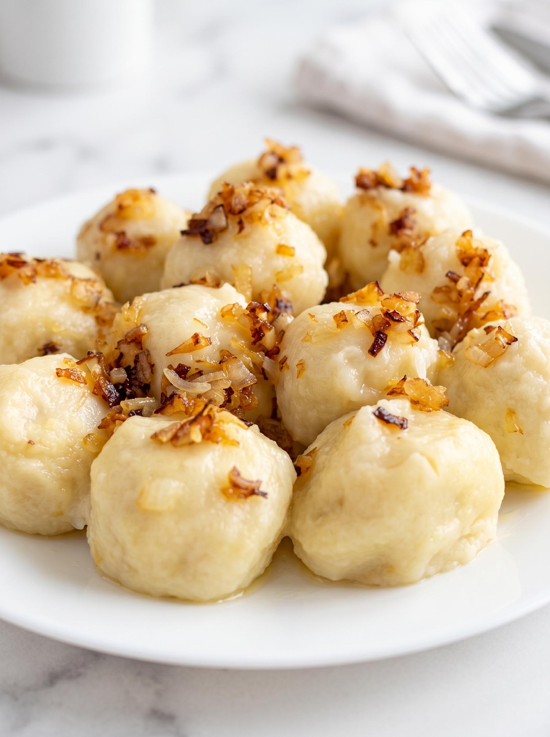 A plate of pierogi with onions.