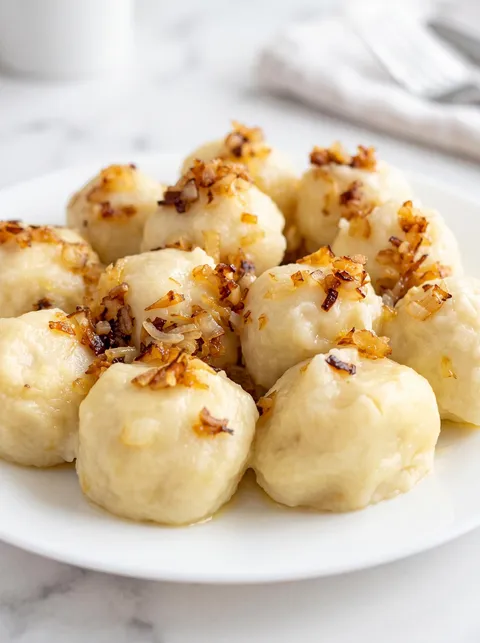 A plate of pierogi with onions.