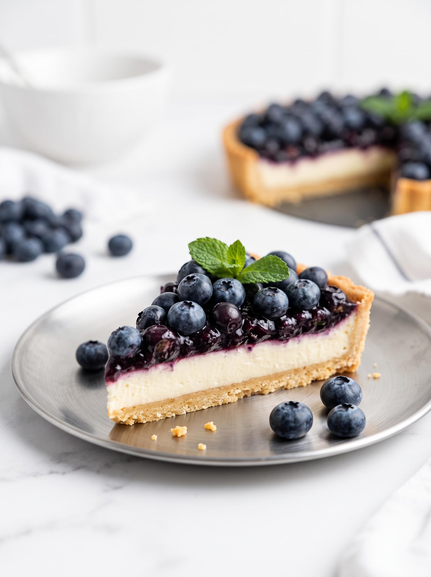 A slice of blueberry cheesecake on a plate.