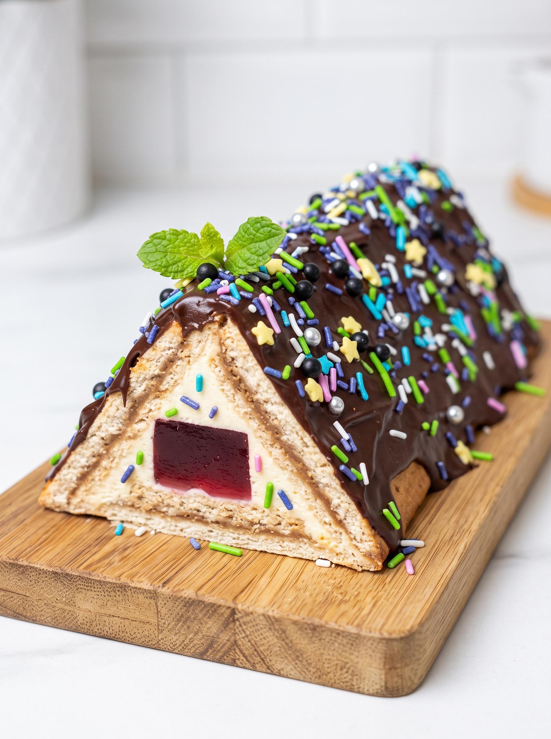 A cake shaped like a house with a green roof.
