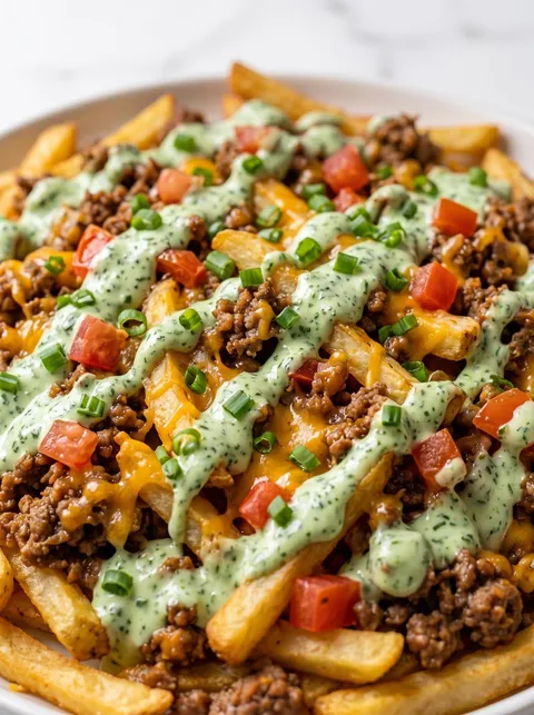 A plate of fries with meat on top.