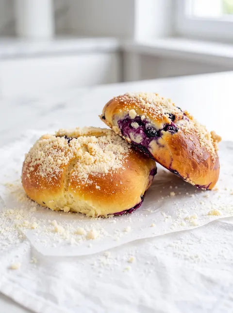 Two rolls of bread with blueberries on top.