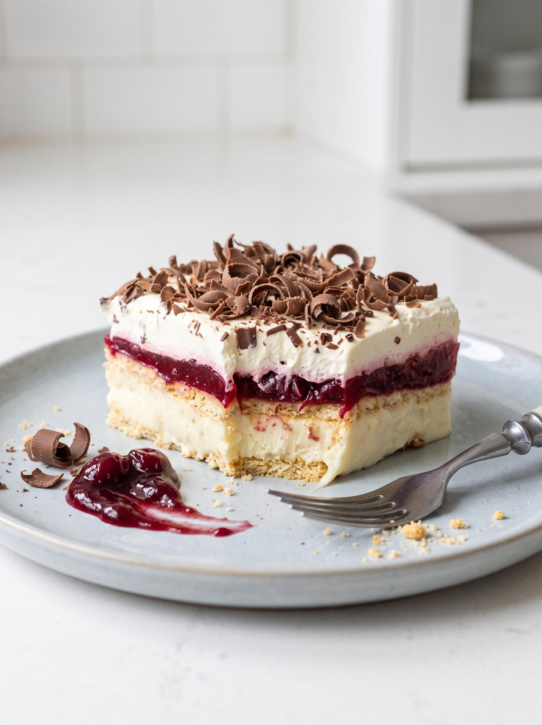 A slice of cake with chocolate and raspberry toppings.