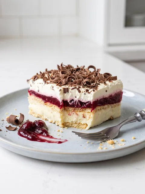 A slice of cake with chocolate and raspberry toppings.