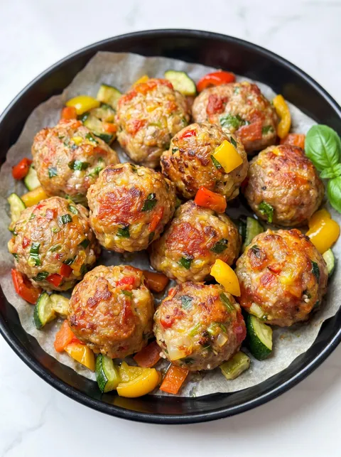 A bowl of meatballs with vegetables.