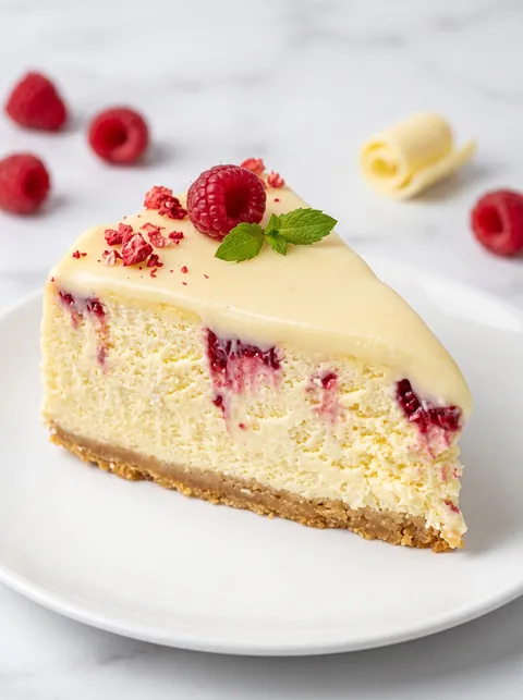 A slice of cake with raspberries and white frosting.