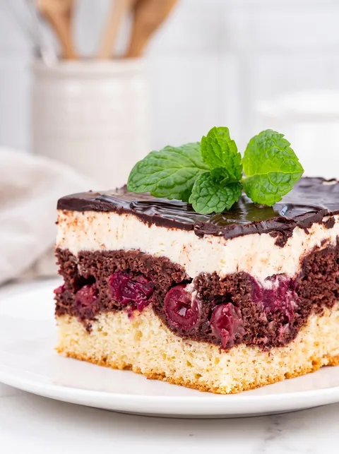 A slice of cake with chocolate and mint toppings.