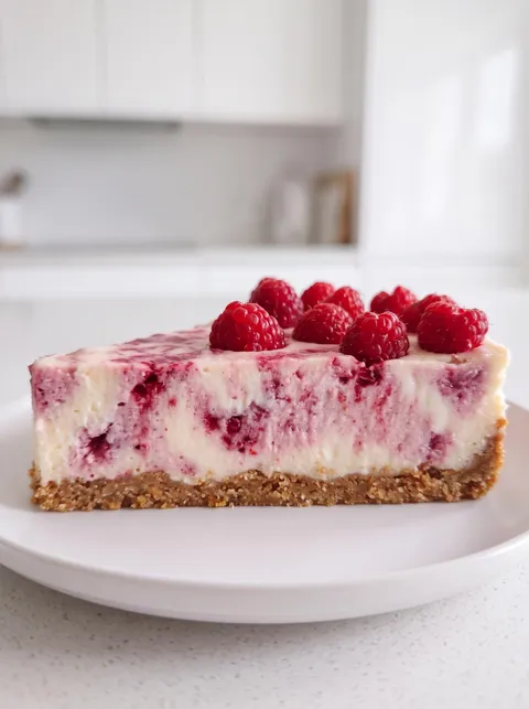 A slice of raspberry cheesecake on a plate.