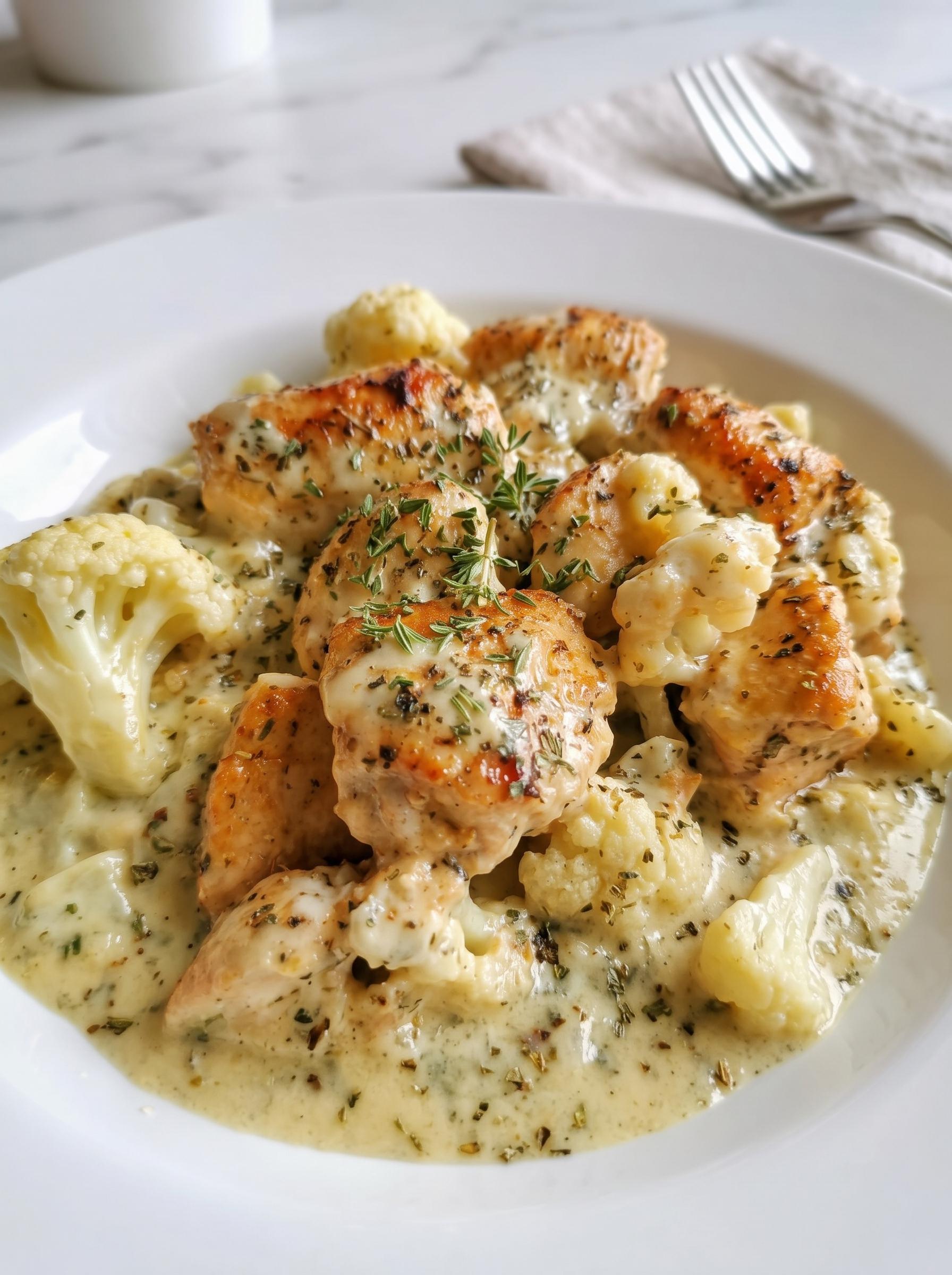A plate of food with chicken and cauliflower.