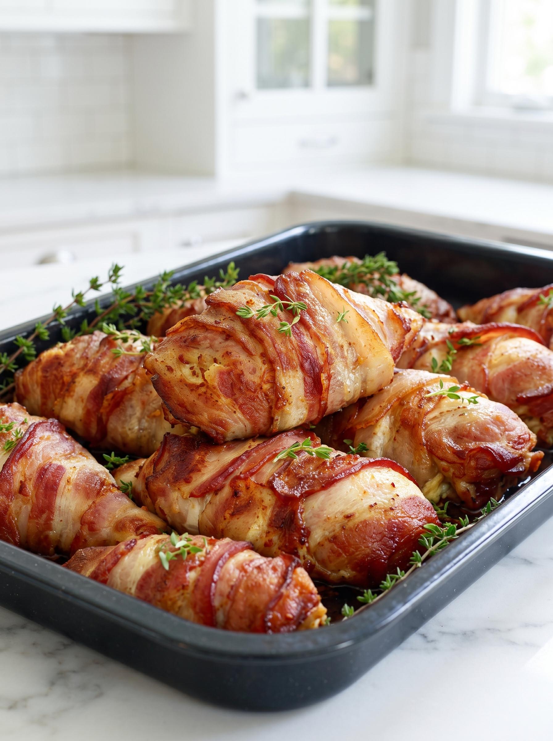 A pan of meat with bacon wrapped around it.