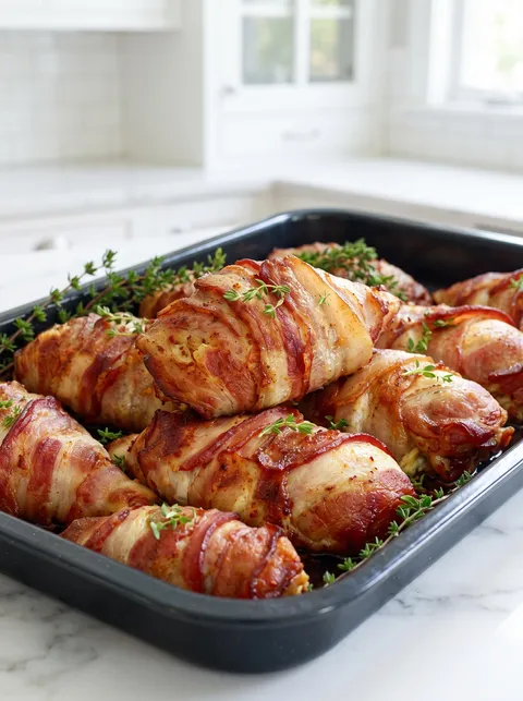 A pan of meat with bacon wrapped around it.
