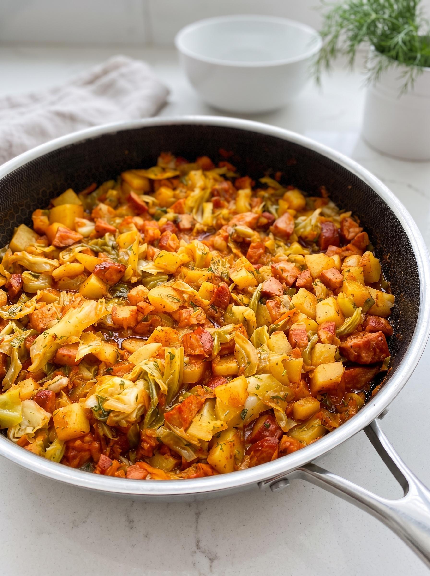 A pan of food with a green vegetable.