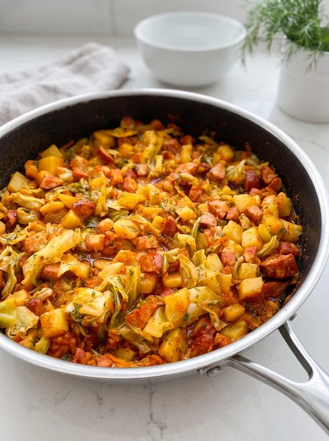 A pan of food with a green vegetable.