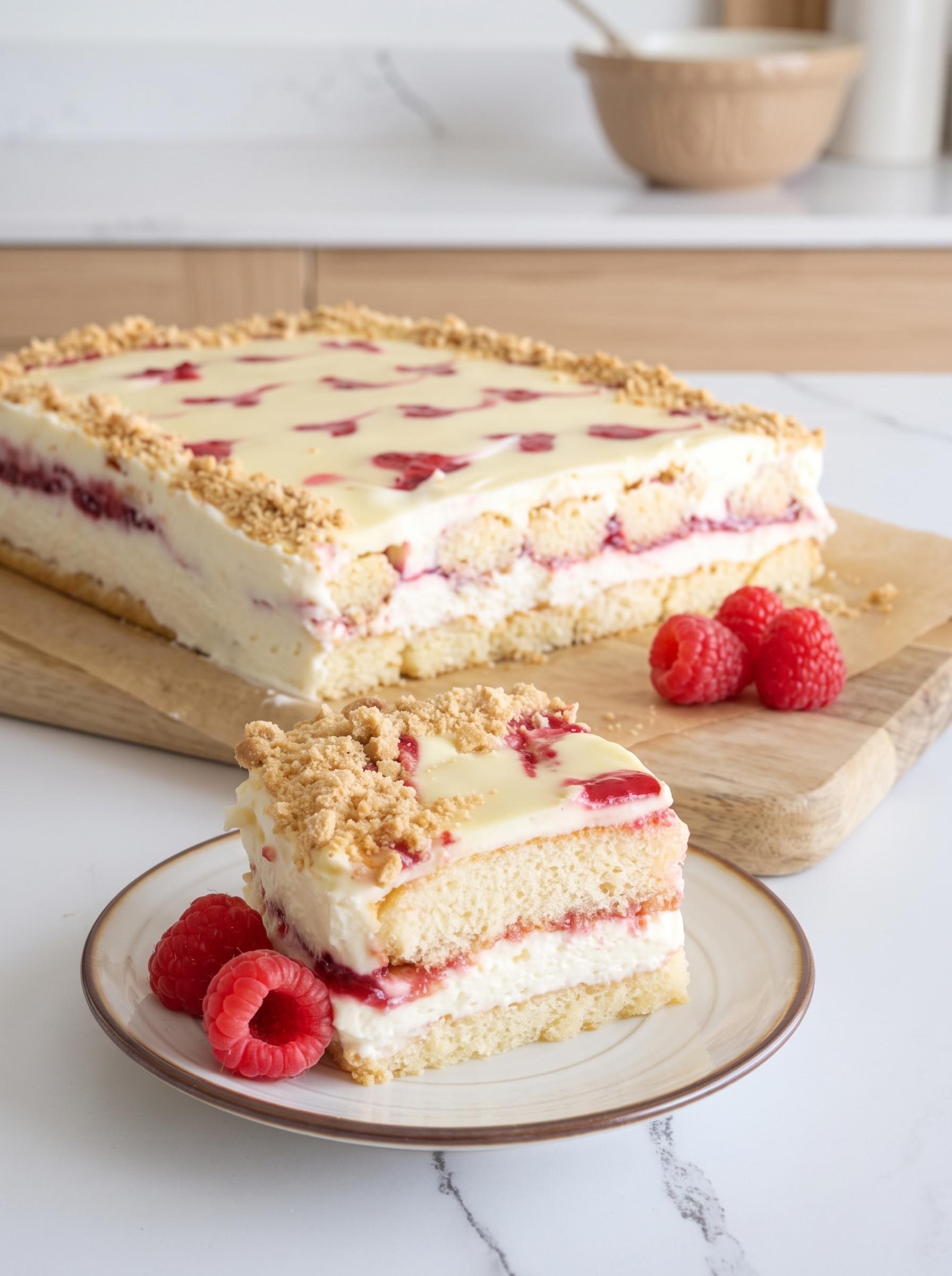 A slice of cake with white frosting and raspberries.