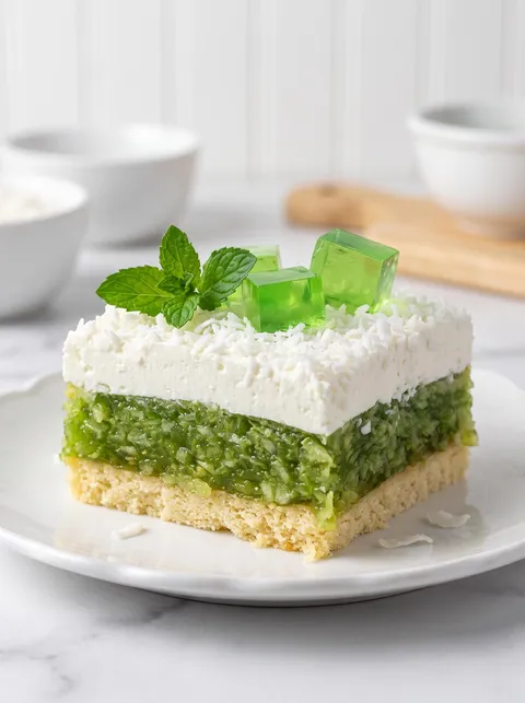 A slice of cake with green jello and mint leaves on top.